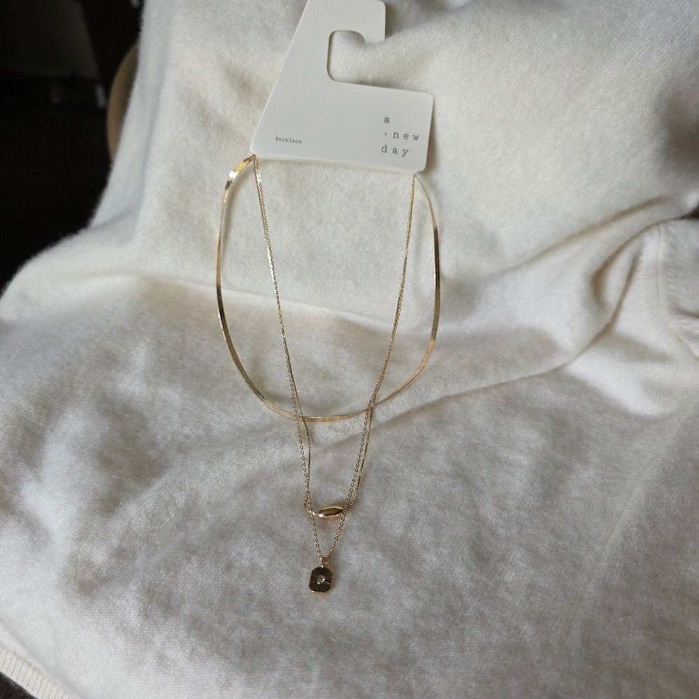 A New Day Gold Tone Triple Layered Necklace Sunburst Pendant NE18471CLGL NEW